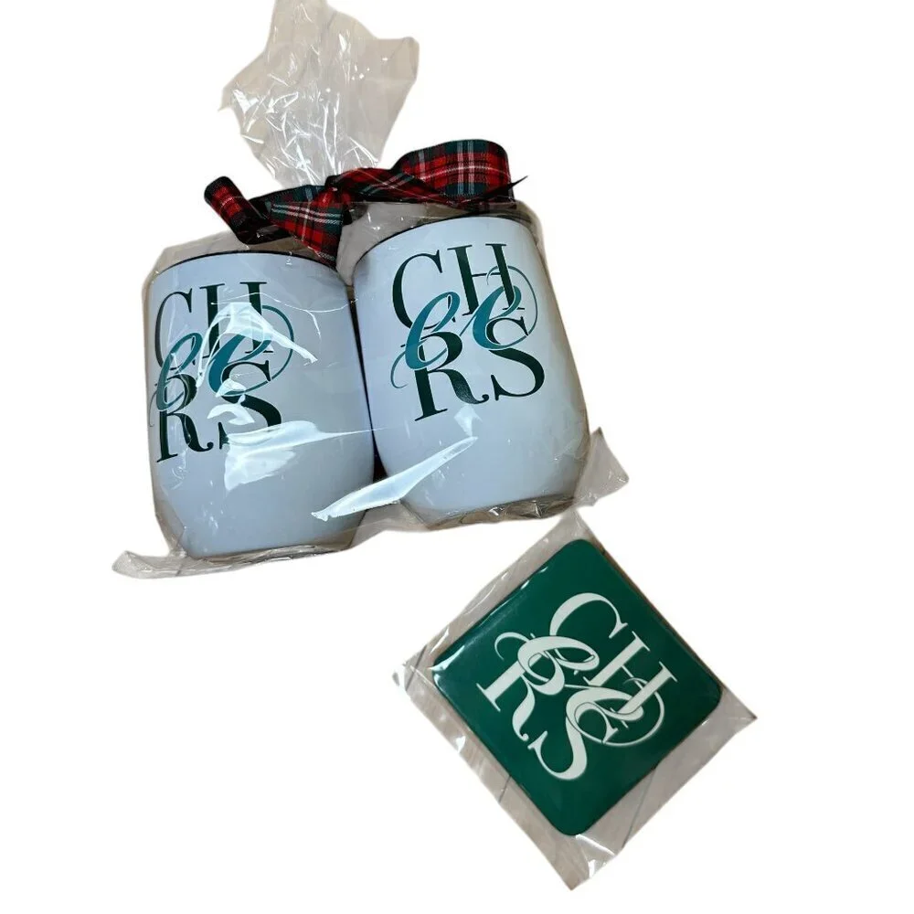 NWT SouthAustinLane Gift Set Wine Drink Insulated Tumblers & Coasters Cheers